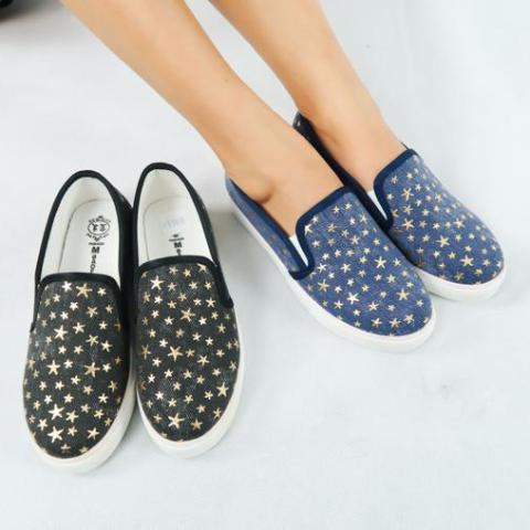 รองเท้าส้นแบนผ้าแคนวาส No.1565 - Gold Star Denim Canvas Flats Shoes