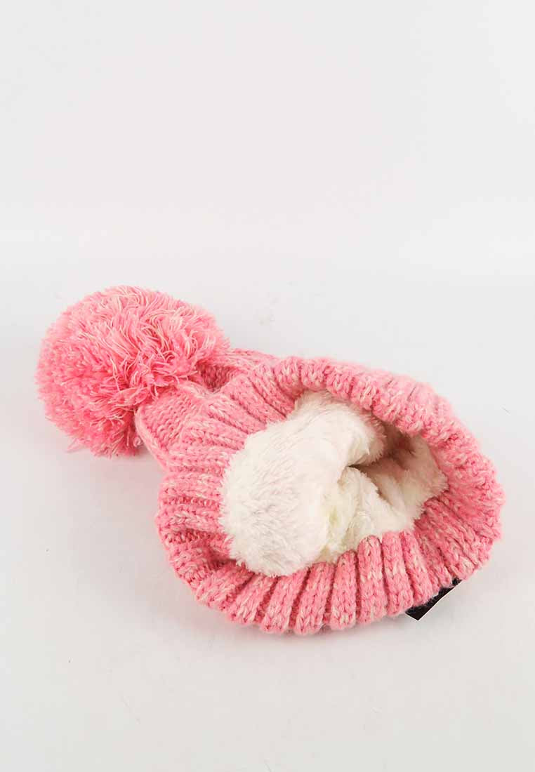 หมวกไหมพรม ทรงบีนนี่แต่งปอม แบบบุขนด้านใน - Thick Cable Knitted Fleece Lined Pom Pom Beanie Hat