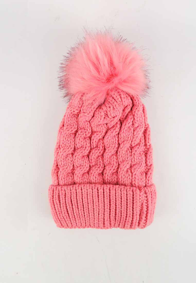 หมวกไหมพรม ทรงบีนนี่แต่งปอม แบบบุขนด้านใน - Thick Cable Knitted Fleece Lined Pom Pom Beanie Hat with Hair Tie