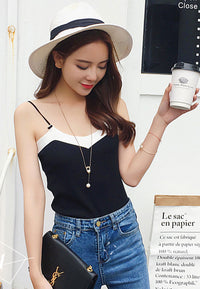 เสื้อไหมพรมสายเดี่ยวทูโทน - Spagetti Straps Knit Cropped Top