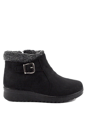 รองเท้าบูทหนังกำมะหยี่แต่งเข็มขัด No.312 - Faux Fur Snow Suede Flat Ankle Boots