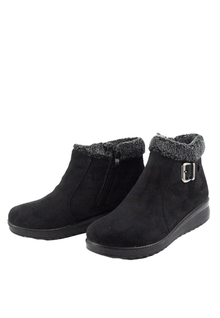 รองเท้าบูทหนังกำมะหยี่แต่งเข็มขัด No.312 - Faux Fur Snow Suede Flat Ankle Boots
