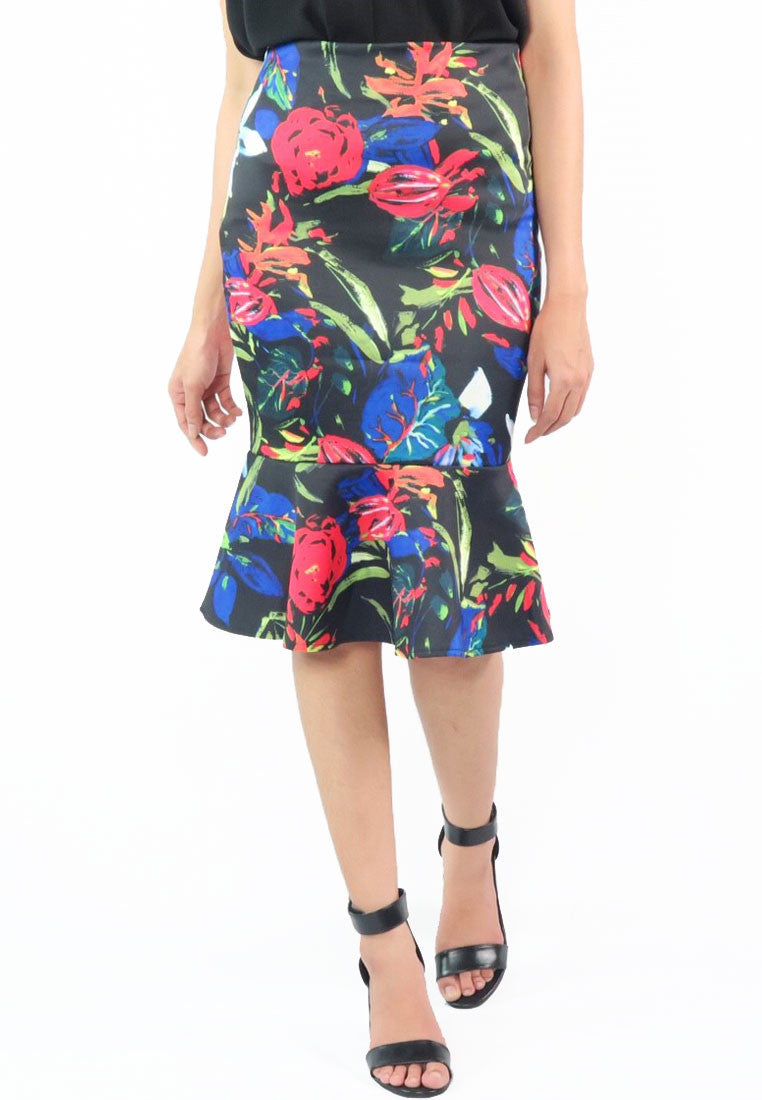 กระโปรงเอวสูงชายระบายลายดอก - Floral Slim Elastic High Waist Flounce Skirt