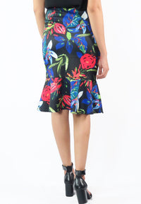 กระโปรงเอวสูงชายระบายลายดอก - Floral Slim Elastic High Waist Flounce Skirt