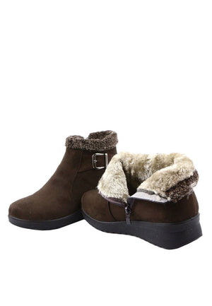 รองเท้าบูทหนังกำมะหยี่แต่งเข็มขัด No.312 - Faux Fur Snow Suede Flat Ankle Boots