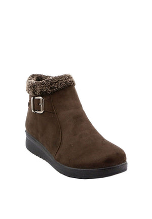 รองเท้าบูทหนังกำมะหยี่แต่งเข็มขัด No.312 - Faux Fur Snow Suede Flat Ankle Boots