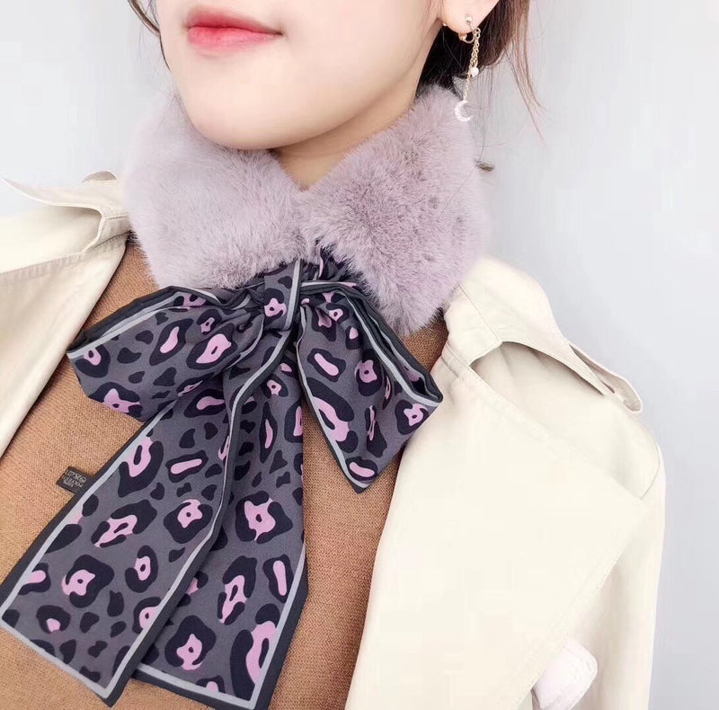 ผ้าพันคอขนกระต่าย แต่งผ้าลายเสือ - Rabbit Fur Scarf