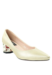 รองเท้าคัตชูหัวแหลม - Golden Chunky Heels Pump Shoes
