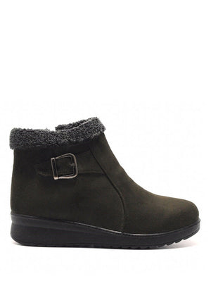 รองเท้าบูทหนังกำมะหยี่แต่งเข็มขัด No.312 - Faux Fur Snow Suede Flat Ankle Boots