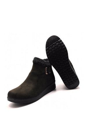 รองเท้าบูทหนังกำมะหยี่แต่งเข็มขัด No.312 - Faux Fur Snow Suede Flat Ankle Boots
