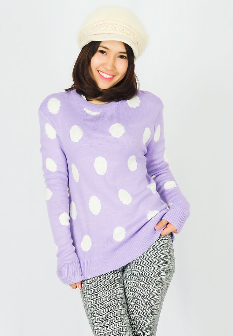 เสื้อไหมพรมลายจุดคอกลมแขนยาว - Polka Dot Long Sleeve Knit Sweater