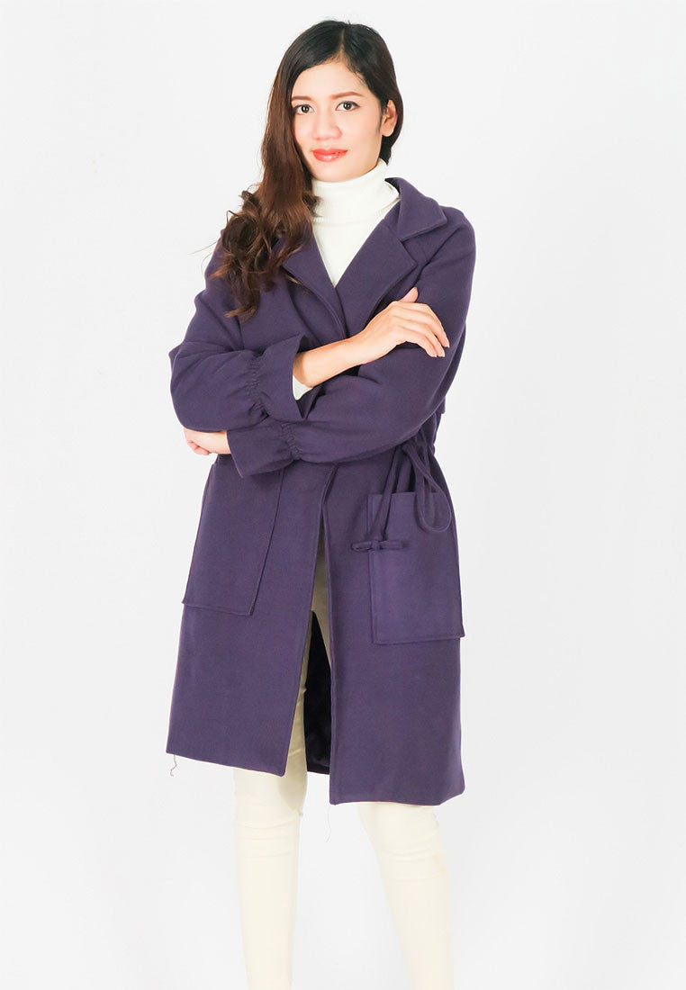 เสื้อโค้ทผ้าวูลกันหนาว - Double-Breasted Woolen Coat with Belt