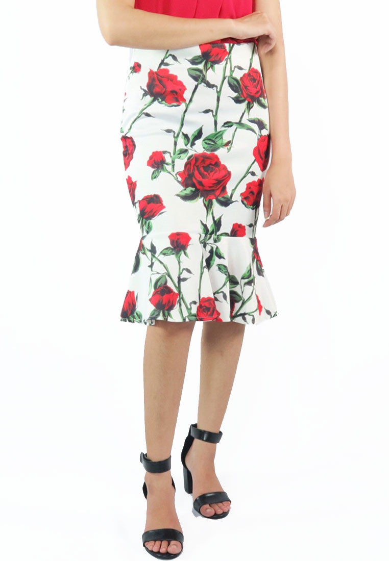 กระโปรงเอวสูงชายระบายลายดอก - Floral Slim Elastic High Waist Flounce Skirt