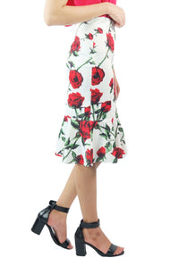 กระโปรงเอวสูงชายระบายลายดอก - Floral Slim Elastic High Waist Flounce Skirt