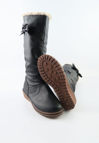 รองเท้าบูทหนังทรงสูงแต่งโบ - Classic Leather Flat To Low Heel Knee High Boots