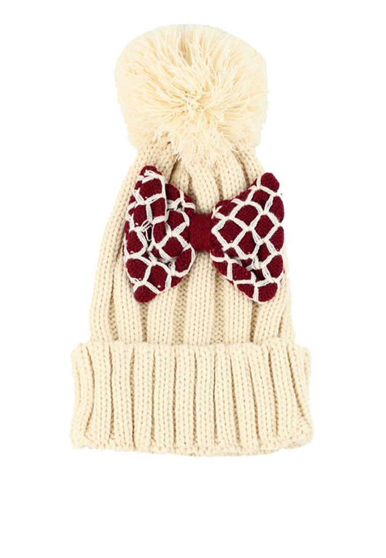 หมวกไหมพรมทรงบีนนี่แต่งปอมโบว์แดง - Winter Black Pom Pom Knit Beanie Hats With Red Bow